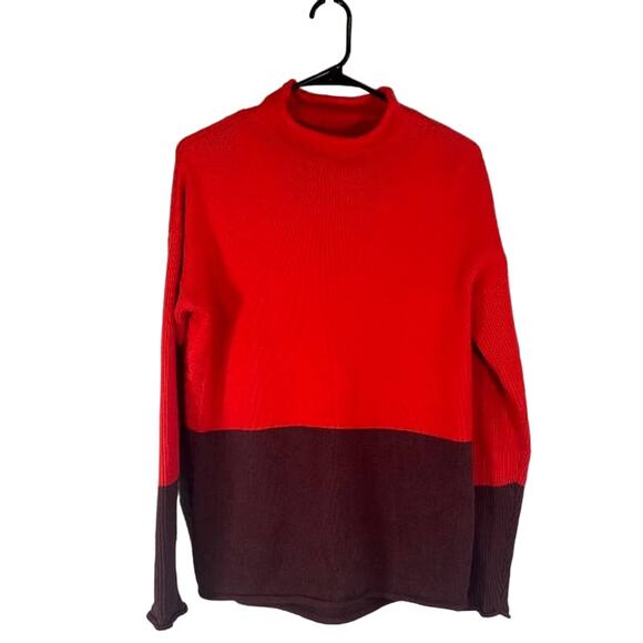 Tahari Red & Maroon Colorblock Long Sleeve Mock Neck Knit Sweater Women Sz S - Picture 1 of 8